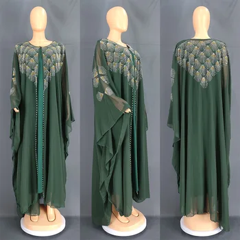 Африканские платья для женщин Лето Африканский Длинный Рукав С О-образным вырезом Зеленый Черный Полиэстер Длинное Платье Мусульманская Абая Комплект из 2 предметов